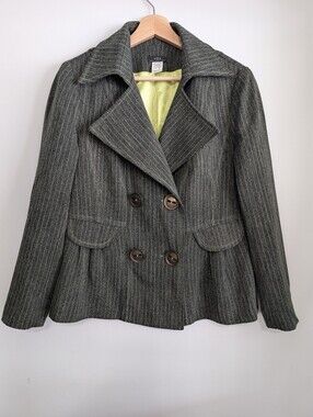 Vex Wool Pea coat Large Pinstripe Suit Jacket Green Grey Blazer Button Formal